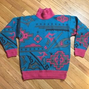 Vintage 80s Sweater Ski Turtleneck Blue Neon Pink